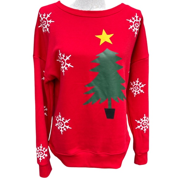 Christmas Tree & Snowflake Fleece Lined Red Crew Neck Sweatshirt - Picture 1 of 8